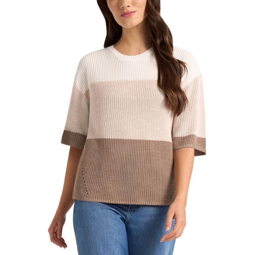 Women's Colorblock Sweater Elbow Sleeves Crew Neck Recycled Polyester